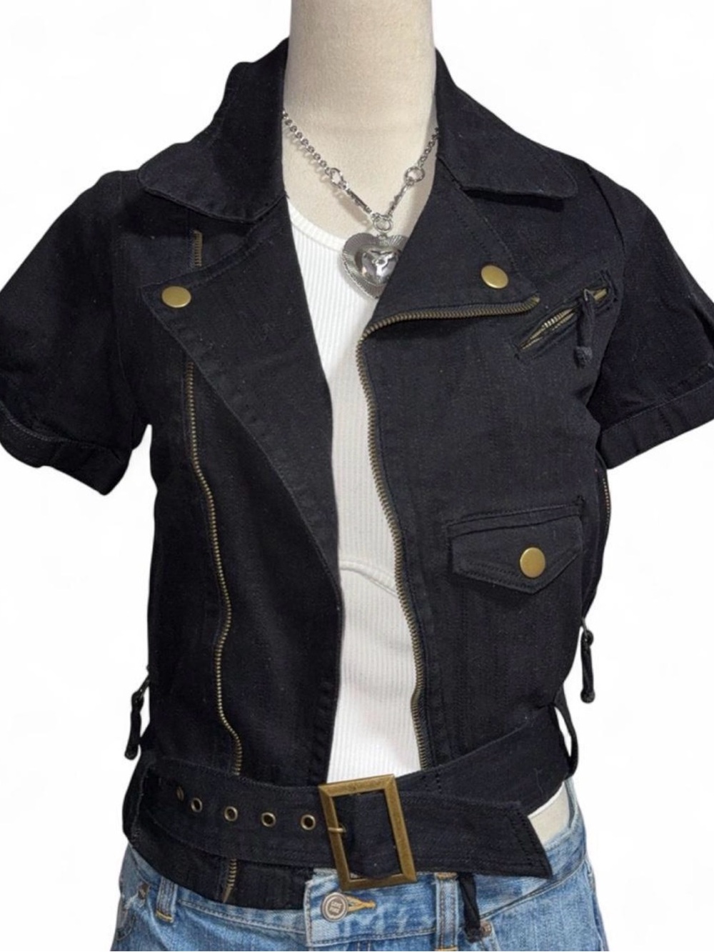 Black Short-Sleeve Jean Jacket with Belt